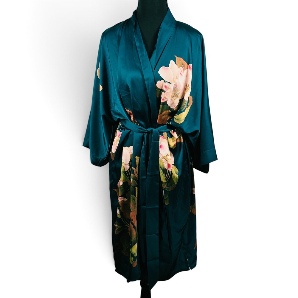 Old Shanghai Robe Womens OS Floral Butterfly Teal Satin Kimono Belted EUC Sleep